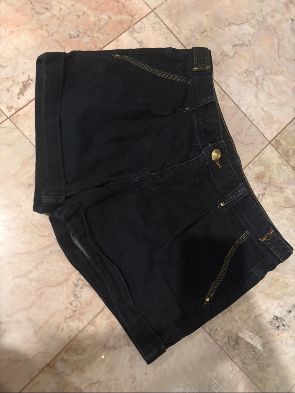 Armani Exchange AlX Dark Wash Denim Shorts with Gold Accent